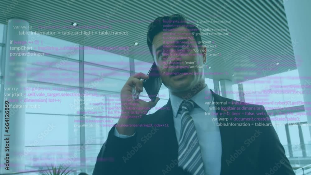 Poster animation of multicolored computer language over caucasian businessman talking on cellphone