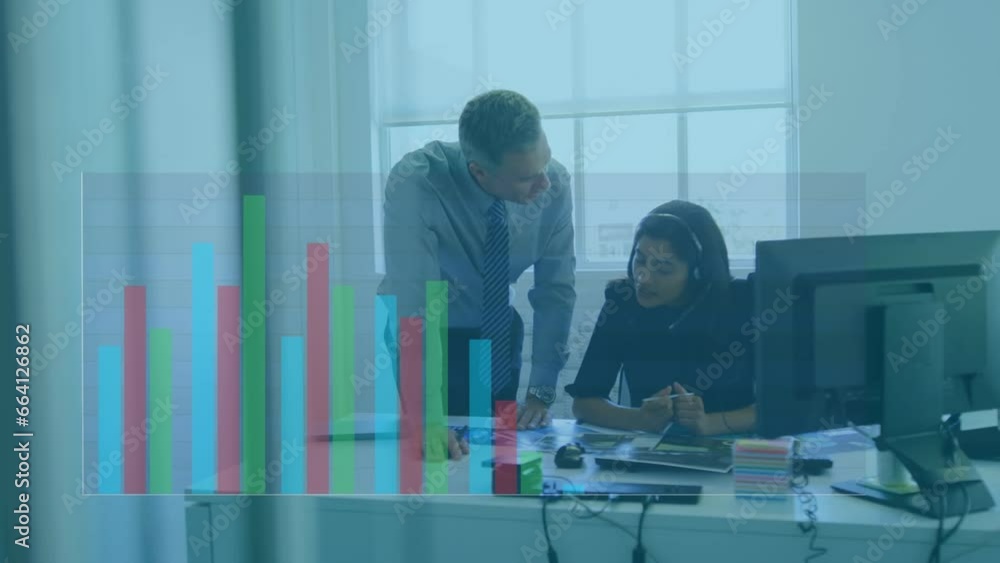 Poster animation of multicolored graph over diverse coworkers discussing on desk in office