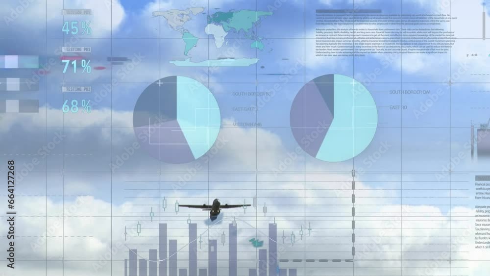 Poster animation of infographic interface over low angle view of airplane flying against cloudy sky