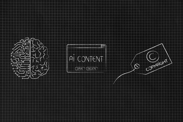 Ai content pop-up message with half micorchip half human brain and Copyright label next to it,...