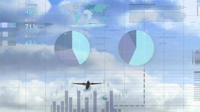 Animation of infographic interface over low angle view of airplane flying against cloudy sky