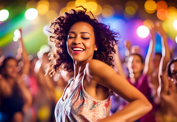Young woman dancing with club, party, rave vibe. Movement, happiness, and free spirited appeal. summer clothing with rainbow pride shirt.   - obrazy, fototapety, plakaty