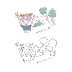 happy girl holding hands up with happy wide smile. Indoor. Bird on hand. Walk in the forest. coloring page for a book