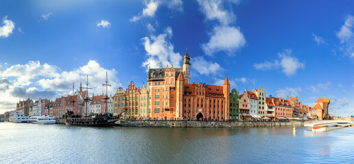 Panorama of Old Town with Old harbour crane and city gate Zuraw and Motlawa River, Gdansk, Poland