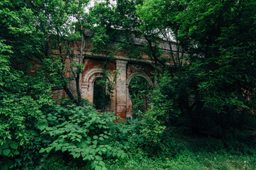 Fototapeta na wymiar Old ruins of historical building overgrown by vegetation green post-apocalyptic concept