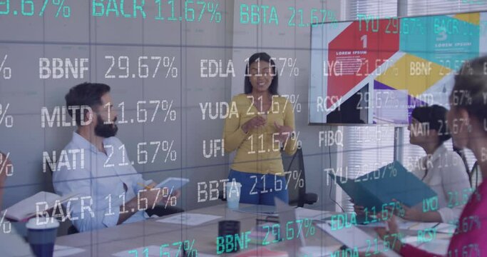 Animation of stock market data processing over biracial woman giving a presentation at office