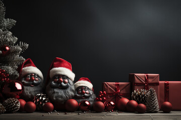 Ai Generative Christmas banner with copy space for text, santa claus celebrate with giftboxes, fir tree branches and red ornaments, dark color background 
