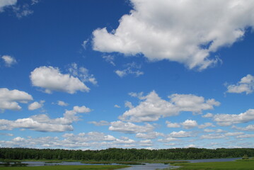 Lake under a cloudy sky. Forest lake with small waves on the surface, under a light blue sky with white cumulus and cirrus clouds. A forest with green foliage grows along the shores of the lake.