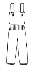 Warm winter overalls for snowboarding or skiing, feather pants, doodle style flat vector outline