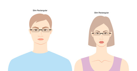 Slim Rectangular frame glasses on women and men flat character fashion accessory illustration. Sunglass front view unisex style, rim spectacles eyeglasses, lens sketch style outline isolated on white