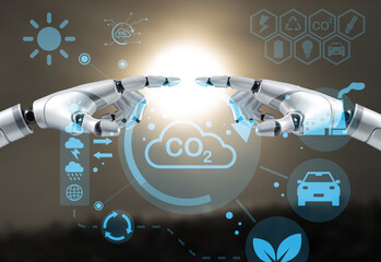 Net zero concept. AI, machine learning, robot hand touching. Net zero icon represents exchange of artificial intelligence .Carbon affects global warming. Innovative ideas to reduce carbon emissions