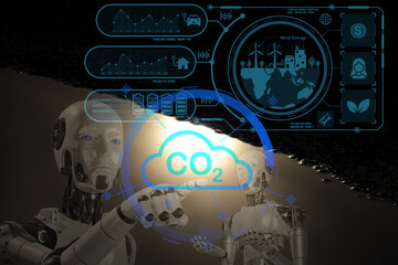 Net zero concept. AI, machine learning, robot hand touching. Net zero icon represents exchange of artificial intelligence .Carbon affects global warming. Innovative ideas to reduce carbon emissions