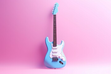Minimal blue electric guitar on pink background. 3D rendered. Generative AI - obrazy, fototapety, plakaty