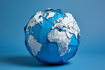 Globe made from blue paper with cut-out continents. Generative AI