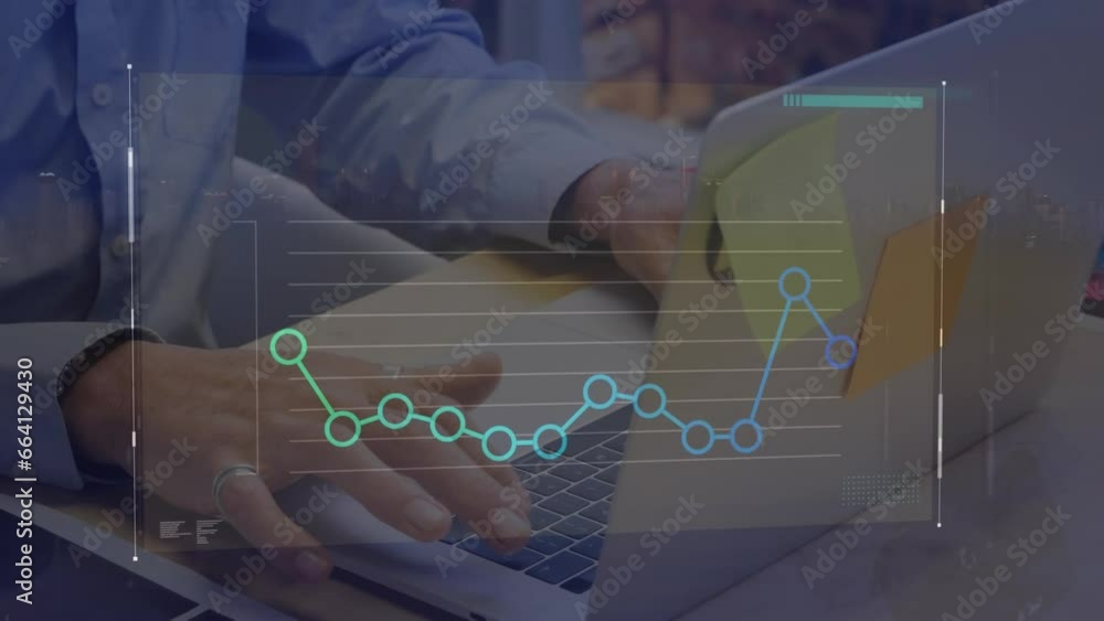 Poster animation of statistical data processing against mid section of a man using laptop at office