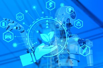 Net zero concept. AI, machine learning, robot hand touching. Net zero icon represents exchange of artificial intelligence .Carbon affects global warming. Innovative ideas to reduce carbon emissions