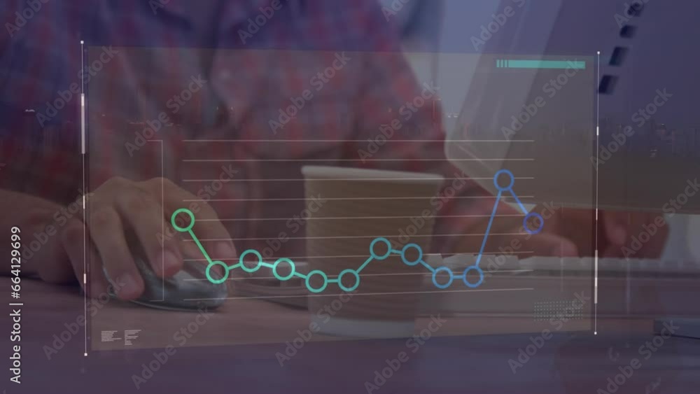 Poster animation of statistical data processing against mid section of a man using laptop at office