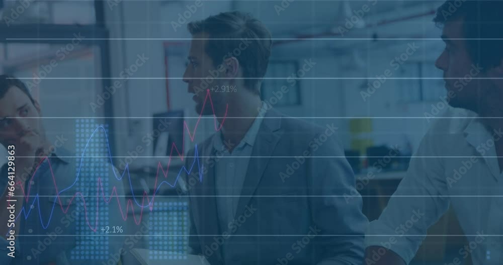 Poster animation of statistical data processing against three diverse men discussing at office