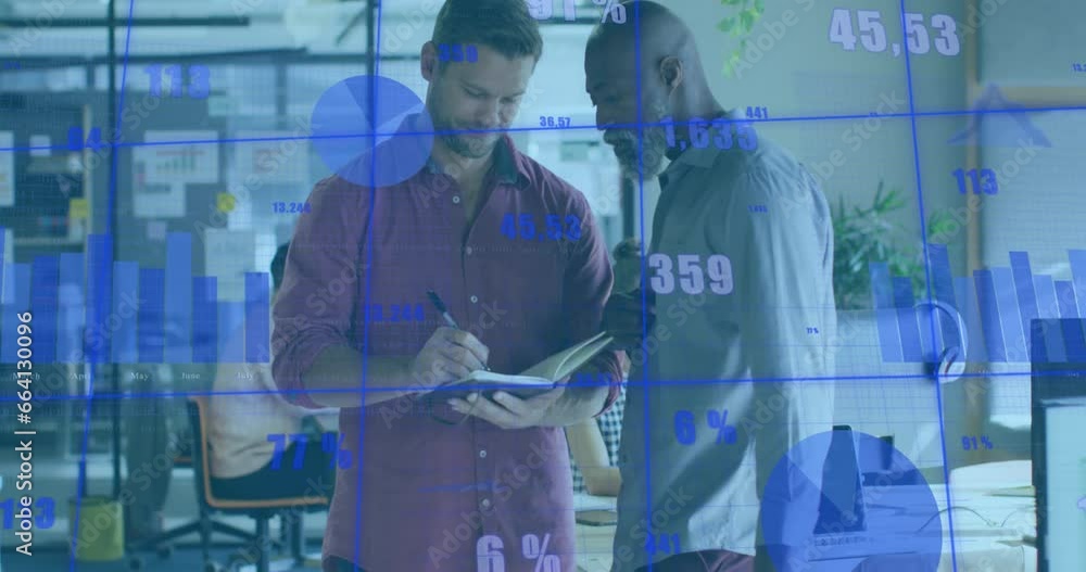 Poster animation of statistical data processing against two diverse men discussing at office