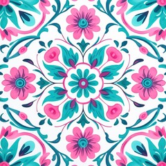 Fototapeta premium Ethnic folk ceramic tile in talavera style with teal blue and pink floral ornament. Italian pattern traditional Portuguese and Spain decor. Mediterranean porcelain pottery isolated on white background