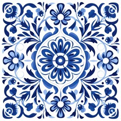 Fototapeta na wymiar Ethnic folk ceramic tile in talavera style with navy blue floral ornament. Italian pattern, traditional Portuguese and Spain decor. Mediterranean porcelain pottery isolated on white background