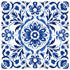 Glasschilderij Portugese tegeltjes Ethnic folk ceramic tile in talavera style with navy blue floral ornament. Italian pattern, traditional Portuguese and Spain decor. Mediterranean porcelain pottery isolated on white background