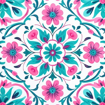 Ethnic folk ceramic tile in talavera style with teal blue and pink floral ornament. Italian pattern traditional Portuguese and Spain decor. Mediterranean porcelain pottery isolated on white background