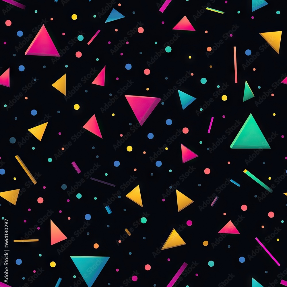 Poster geometric seamless pattern with neon simple form on black background. triangle, line and circle. hip