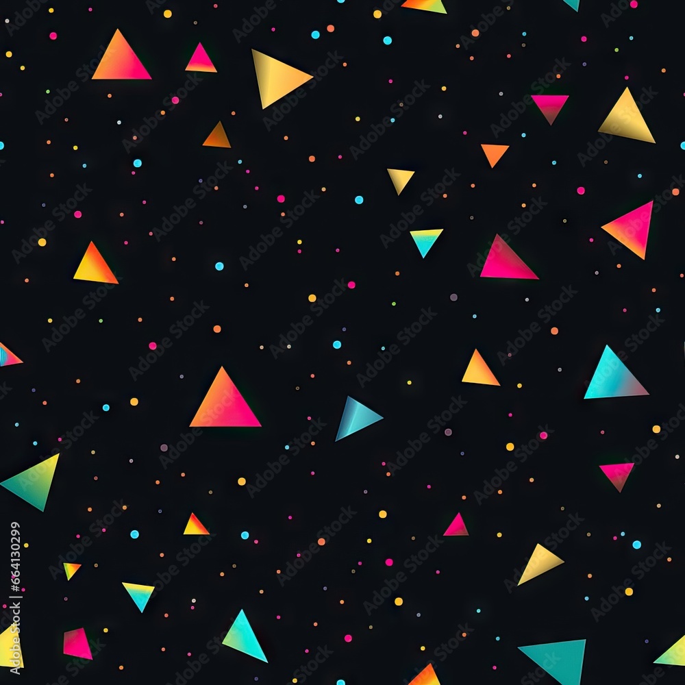Poster geometric seamless pattern with neon simple form on black background. triangle, line and circle. hip