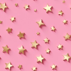 Golden stars glitter confetti scattered on bright pink background. Seamless abstract pattern for holiday, Christmas, anniversary, birthday. Festive design for greeting card, fabric, print and paper