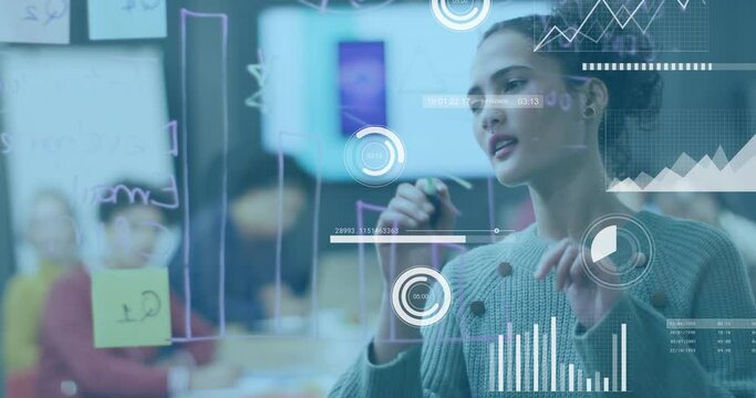 Animation of statistical data processing over biracial woman writing on glassboard in meeting room