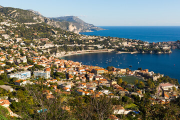Fototapeta na wymiar Panoramic view of Nice with Mediterranean sea and Alps in sunny day, France