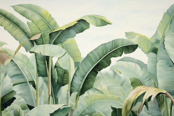 Banana tree wallpaper design in pastel tones creating a tropical landscape with mural art. Generative AI