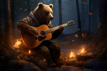 Hilarious bear strumming a guitar amidst nighttime forest campfire. Generative AI