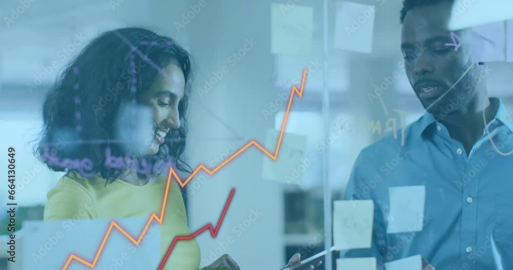 Poster animation of data processing against diverse man and woman discussing over memo notes at office