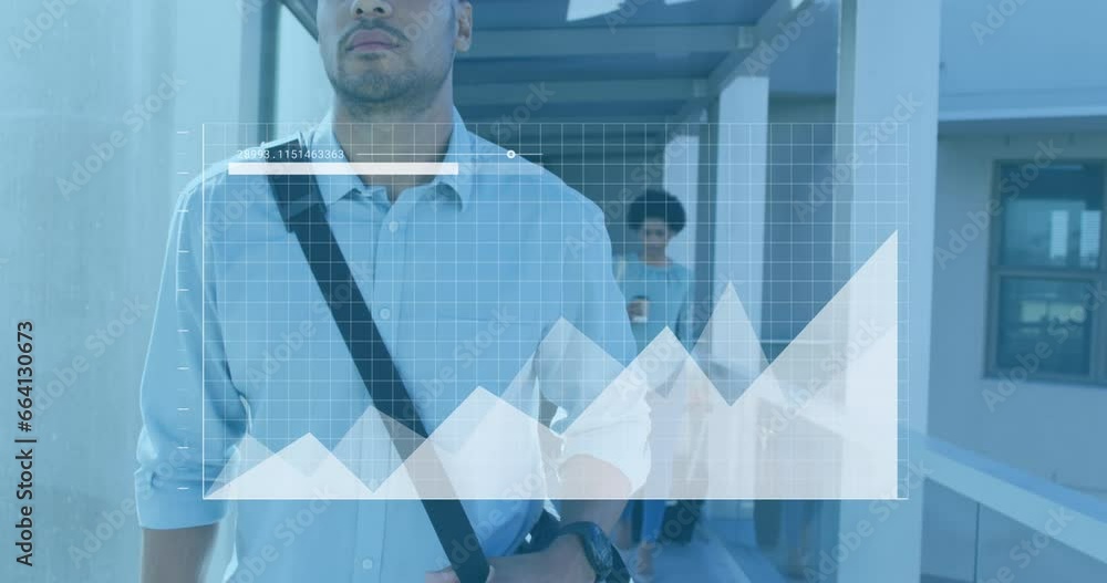 Poster animation of statistical data processing against biracial man walking in office corridor