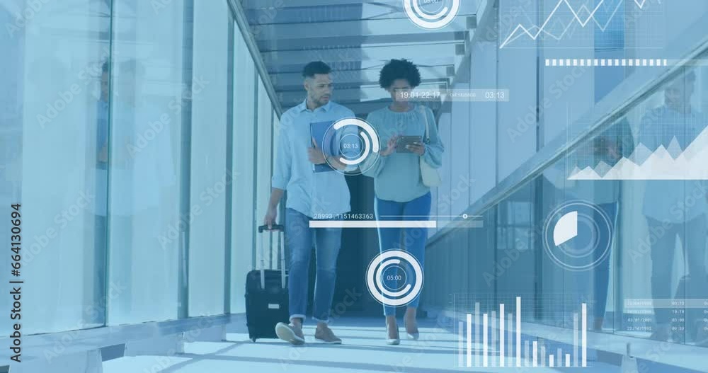 Poster animation of statistical data processing against diverse man and woman discussing in office corridor