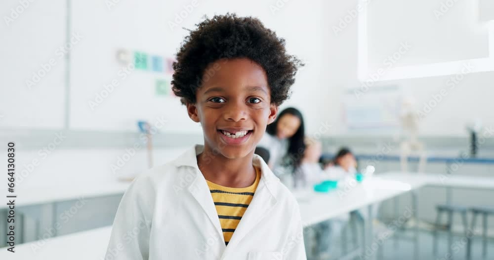 Poster boy, face and kid scientist in class with education, smile and knowledge, learning and study at scho