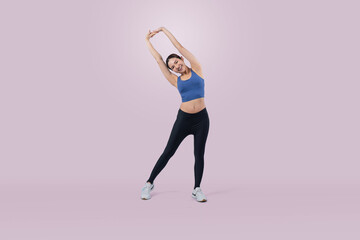 Fototapeta na wymiar Full body asian woman in sportswear portrait, smiling and posing cheerful gesture. Workout training with attractive girl engage in her pursuit of healthy lifestyle. Isolated background Vigorous