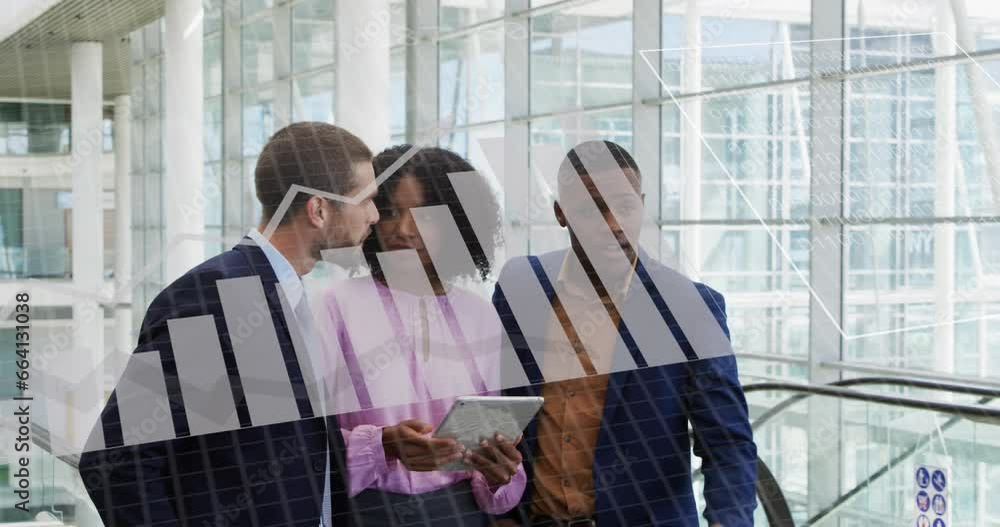 Poster animation of statistical data processing on diverse businesspeople discussing over tablet at office