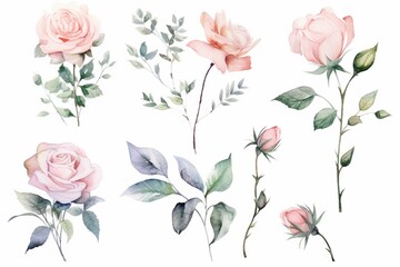 Watercolor floral collection with delicate pink rose illustrations. Generative AI