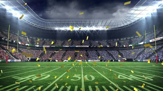 Animation of golden confetti falling against view of rugby sports stadium