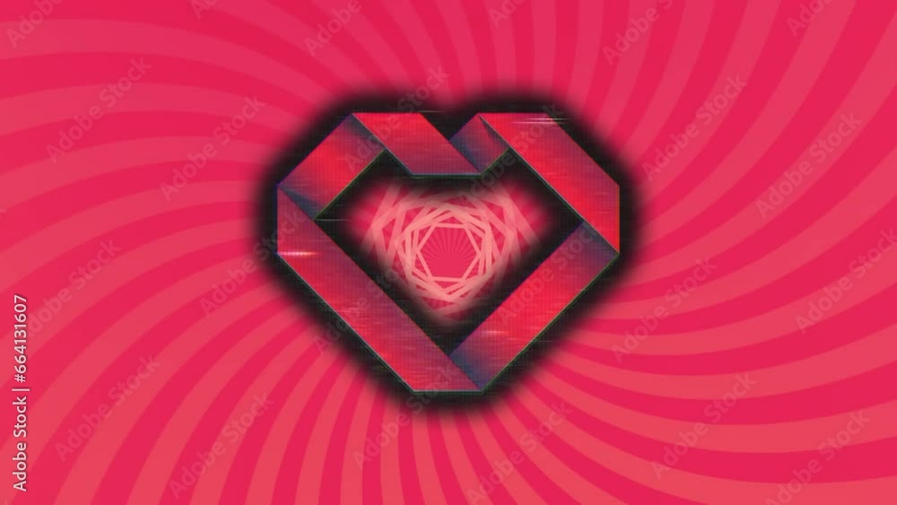 Poster animation of abstract heart icon against radial rays in seamless pattern against pink background
