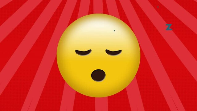 Animation of sleepy face emoji over radial rays in seamless pattern against orange background