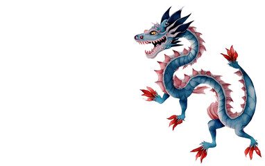 Obraz premium Chinese blue dragon on a transparent background, watercolor illustration. Place for text. generative AI 