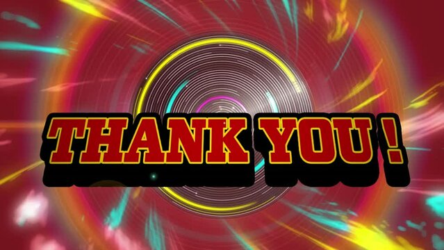 Animation of thank you text banner over light trails and round scanner against red background