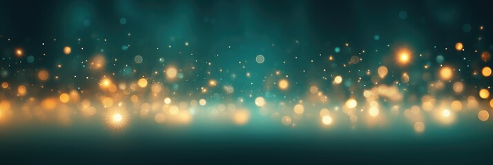 Abstract golden yellow and emerald green glitter lights background. Circle blurred bokeh. Festive backdrop for Christmas, party, holiday or birthday with copy space - obrazy, fototapety, plakaty