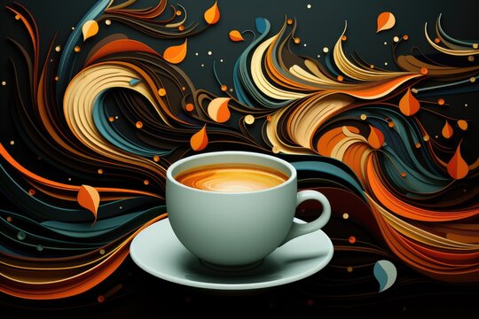 A cup of coffee sitting on top of a saucer. AI image. The image features a cup of coffee, surrounded by a orange autumn leaves.