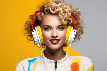 retro pop art woman with big headphones listening to music
