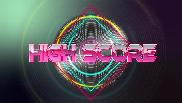 Animation of high score text banner over spinning neon round scanner against grey background